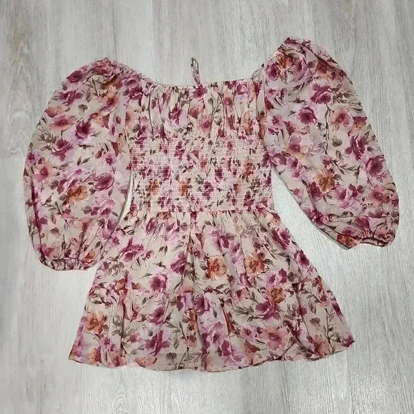 Sky to Moon Womens Floral Balloon Sleeve Smocked Waist Blouse Multi-Color Small - Picture 8 of 10